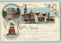 01067 O8000 Dresden 1899 Lithographie Belvedere Königl. Schloss Springbrunnen und Altstädt. Hauptwache König Johann-Denkmal Wappen Ornamente