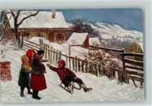 Winter Kind beim Schlittenfahren Schlitten