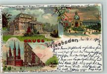 65183 W6200 Wiesbaden 1900 Lithographie Königl. Theater Kochbrunnen Evangel. Kirche Wilh. Strasse 4-Bildaufnahme