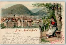 99894 O5804 Friedrichroda 1900 Lithographie Frau in Tracht Blumenkranz