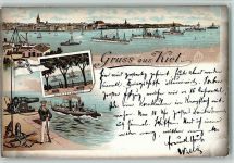 24103 W2300 Kiel , Ostsee 1897 Lithographie Gruss aus - Kriegsschiffe, Dampfpinasse, Kanone
