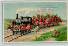 Rosengrüße Vers AK Glückwunsch Eisenbahn 1911 Lithographie / Prägedruck