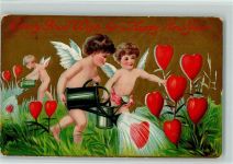 New Year - Engel mit einer Gießkanne, Blumen aus Herzen AK Amor 1906 Prägedruck