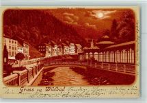 75323 W7547 Bad Wildbad im Schwarzwald 1901 Lithographie / Mondschein Gruss aus - Olgastr. mit Trinkhalle