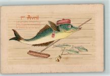 Ränder gestanz - Fisch mit einem Besen AK 1. April 1916 Prägedruck