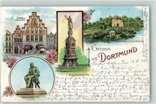 44135 W4600 Dortmund 1901 Lithographie Rathaus Kaiser-Denkmal Kriegerdenkmal 70/71 Kronenburg-Schwanenteich