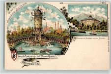 10115 O1193 Treptow 1896 Lithographie Gewerbe-Ausstellung 1896 Haupt-Restaurant Wasserturm Scheinwerfer