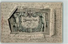Reichskassenschein Zwanzig Mark durchbrochene Papierwand Geldschein auf AK 1900