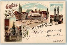90402 W8500 Nürnberg Lithographie Tugendbrunnen Sebaldus-Kirche Marktplatz Marktszene