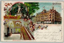 65183 W6200 Wiesbaden 1904 Lithographie Hotel Metropole Brunnengruppe im Wintergarten Vestibul Wilhelmstraße