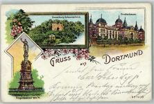 44135 W4600 Dortmund 1901 Lithographie Kriegerdenkmal Kronenburg-Schwanenteich Fredenbaum