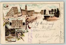 76131 W7500 Karlsruhe , Baden Gebrauchsspuren Lithographie Vorläufer Druck 1890-1895 Techn. Hochschule Marktplatz Schlossgartensee Kunstgewerbe-Schule Nymphengruppe