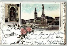 Olomouc Olmütz 1896 Gebrauchsspuren Astronom. Kunstuhr Rathaus Dreifaltigkeitssäule Rose Kirche Lithographie