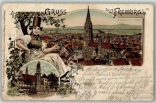 79098 W7800 Freiburg im Breisgau 1899 Gebrauchsspuren Münster Berthold Schwarz-Denkmal Schwarzwaldtracht