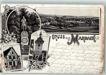 71672 W7142 Marbach am Neckar 1897 Gebrauchsspuren Schiller-Denkmal Oberer Torturm Schillers Geburtshaus Lithographie