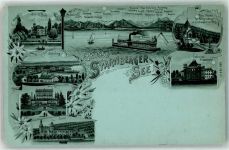 82335 W8137 Berg , Starnberger See Lithographie Schloss Berg Starnberg Hotel Rottmannshöhe Leoni Schiff Bavaria Votiv Kapelle für König Ludwig II. Schlosspark zu Berg Schloss Possenhofen Mondschein