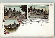 Budapest Lithographie A Milleniumi Kiallitas Histor. Hauptruppe der Rennaisance Hof Kriegsmarine Pavillon Kommunikations-Pavillon