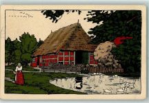 Dorfidyll Teich Enten Lüneburger Heide sign Künstlersteindruck 1915