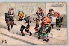 Katze vermenschlicht T.S.N. Serie 1423 Schule AK Thiele, Arthur Gebrauchsspuren