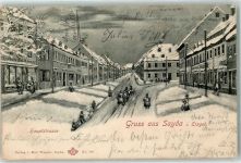 09619 O9215 Sayda 1902 Lithographie Hauptstraße Rodelschlitten Pferdeschlitten Winter