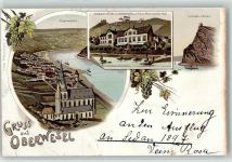 55430 W6532 Oberwesel , Rhein Gebrauchsspuren Grand Hotel Continental Rheinischer Hof Lorelei Felsen Ruderboot Kirche Reben Gruss Lithographie