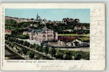 04703 O7320 Leisnig 1901 AK mit Goldfenster Bahnhof Bahnpoststempel