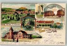 57230 Bitche 1915 Lithographie Festung Preussen Stein Kaserne Freiherr v. Falkenstein Kaserne I. Bahnhof Bayern Denkmal Feldpost WK I II. Ers. Batl. Inf. Regt.