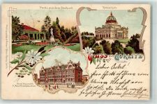02826 O8900 Görlitz , Neiße 1901 Lithographie Stadtpark Ruhmeshalle Königliches Baugewerk Maschinenbauschule Blumen