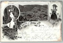 78098 W7740 Triberg im Schwarzwald 1897 Vorläufer Bahnpost Singen Engelberg Zug 390 4.7.97 Wasserfall Tracht Lithographie