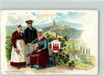97854 W8771 Steinfeld b Lohr a Main Lithographie Bayerische Volkstrachten Blick zur Ruine