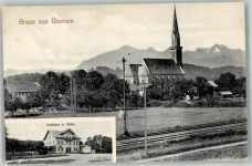 83236 W8212 Übersee Foto AK Gasthaus zur Bahn Bahngleise Kirche St. Nikolaus