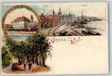 24103 W2300 Kiel , Ostsee 1901 Lithographie Schloss Postamt Hafen und Düsternbroker Allee mit Glimmer - Glitzerauflage Verlag Miesler
