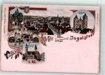 85049 W8070 Ingolstadt , Donau Lithographie Liebfrauenkirche Rathaus mit Pfarrkirche altes Schloss Kriegerdenkmal
