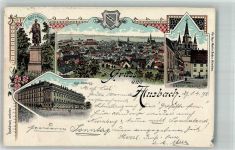 91522 W8800 Ansbach , Mittelfr 1898 Lithographie Graf von Platen-Denkmal Kgl. Schloss Oberer Markt Wappen