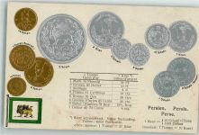 Prägedruck Persien Münzenkarte mit Nationalflagge Münzenabbildungen Geld auf AK Lithographie