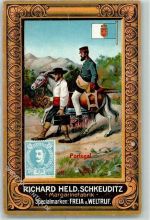O7144 Schkeuditz Margarinefabrik Richard Held Serie Briefträger aus Portugal Briefmarke und Fahne Schmuckrahmen AK Lebensmittel