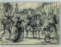 01640 O8270 Coswig b Dresden Künstlerkarte 225 Jahrfeier der Schützengesellschaft zu Coswig Historischer Festzug 1564 Wittenberger Studenten auf dem Laurentiusmarkt sign. Max Korn