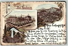 61231 W6350 Bad Nauheim 1898 Lithographie Bahnpost Kassel Frankfurt Zug 797 7.8.98 Grand Hotel Kaiserhof Sprudel