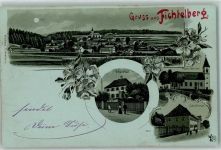 95686 W8591 Fichtelberg Lithographie / Mondschein Pfarrhof Pfarrkirche Schule
