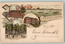 24768 W2370 Rendsburg Lithographie Post Hafen Segelboote Dampfer Gymnasium Nobiskrüger Gehölz Seerose