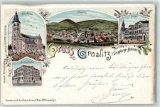 Kraslice Graslitz 1899 Lithographie neue Kirche Amtsgebäude Schule