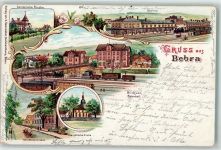 36179 W6440 Bebra 1903 Lithographie Kath. Kirche Bahnhof Ev. Kirche Nürnbergerstraße Kutsche Eisenbahn Lok Dampf Gruss Blumen