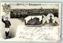 91052 W8520 Erlangen 1898 Lithographie Collegien Gebäude Luitpold Brunnen Wappen Mann Uniform Schwert Gruss