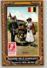 O7144 Schkeuditz Margarinefabrik Richard Held Serie Briefträger aus Belgien Hundekarren Briefmarke und Fahne Schmuckrahmen AK Lebensmittel