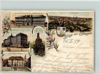 91052 W8520 Erlangen 1899 Lithographie Schloss Universitätsbibliothek Markgrafendenkmal Collegienhaus Universitätsgebäude Brunnen Franz. Emigranten Schlossgarten Marktplatz Rathaus Wappen Löwe Adler Blumen Gruss