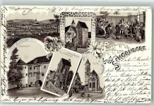 73614 W7060 Schorndorf , Württ 1899 Lithographie Schloßportal Festungstürme Kirche Weiber v. Schorndorf