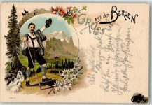 Bergwandern Alpenflora Edelweiß Gruss aus den Bergen 1897 Lithographie / Künstlerkarte