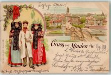 32423 W4950 Minden , Westf 1899 Lithographie Bahnpost Cöln Hannover Zug 202 1.4.99 Tracht