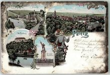 09322 O9294 Penig 1899 Lithographie Bahnpost Glauchau Grossbothen Zug 1473 6.11.99 Amerika Wolkenburg Kriegerdenkmal