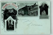 29221 W3100 Celle 1899 Lithographie / Mondschein Schloss Rathaus und Markt Karolinen Mathilden Denkmal Kriegerdenkmal